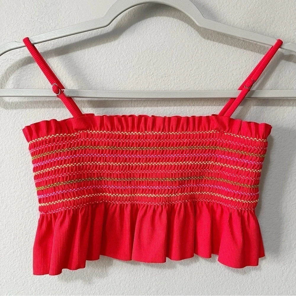 Maaij Camelia Fiesta Red Ruffled Smocked Crop Bikini Top Size 12 Swim Beach